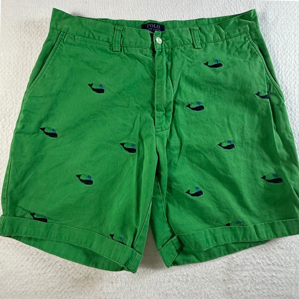 Polo Ralph Lauren‎ Chino Shorts Mens 34 Embroidered Whale Kelly Green AOP